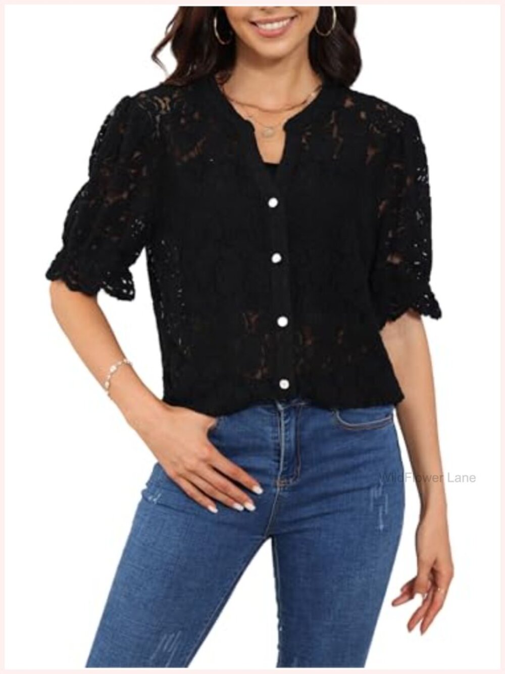 Women's Lace Button Down V Neck Short Sleeve Eyelet Blouse